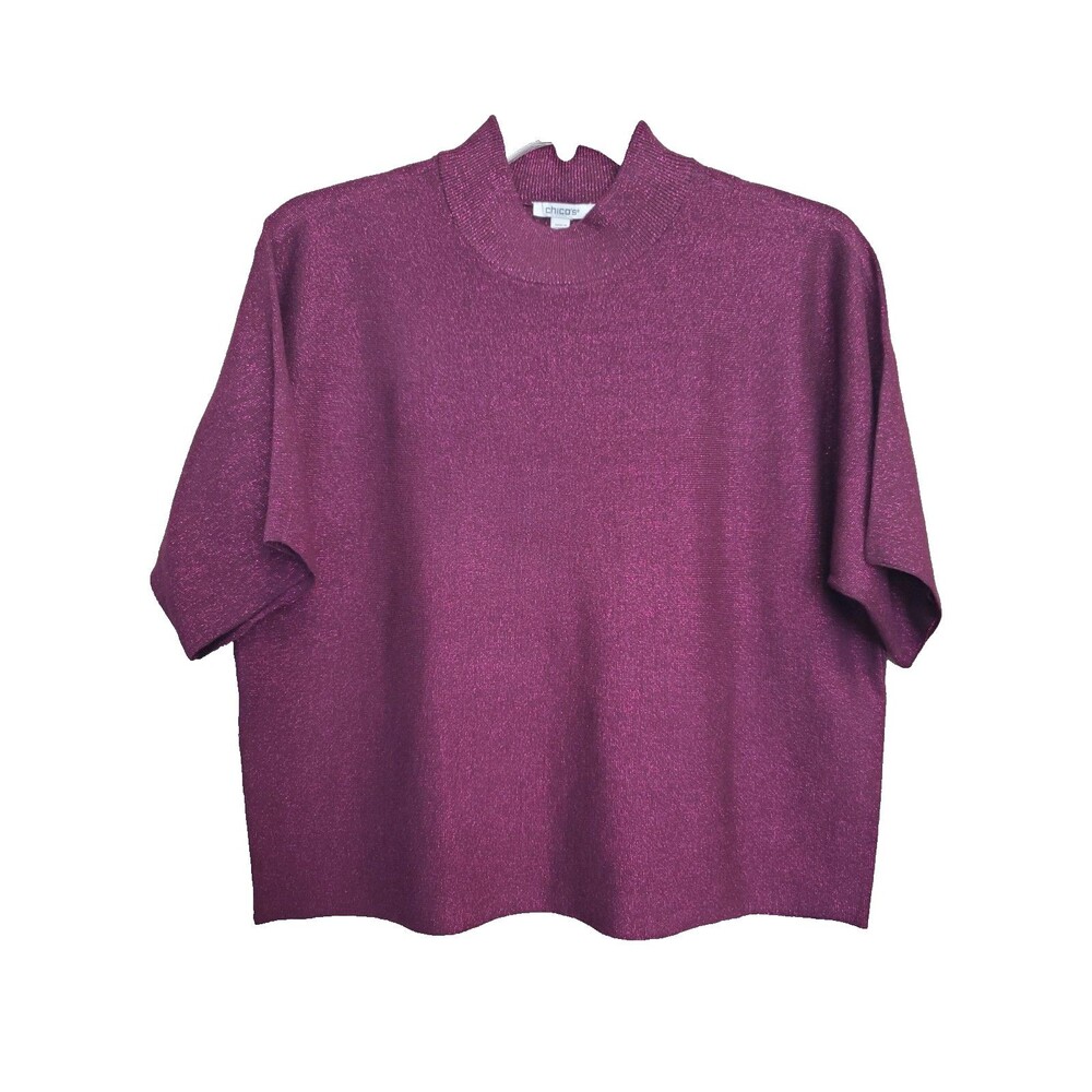 Chico's Lurex Knit Short Sleeve Mock Neck Pullover Sweater in Deep Raisin 2 (L)